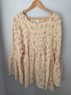 ADIVA Cream Floral Smocked Peasant Blouse Women's 3X Boho Long Sleeve Babydoll